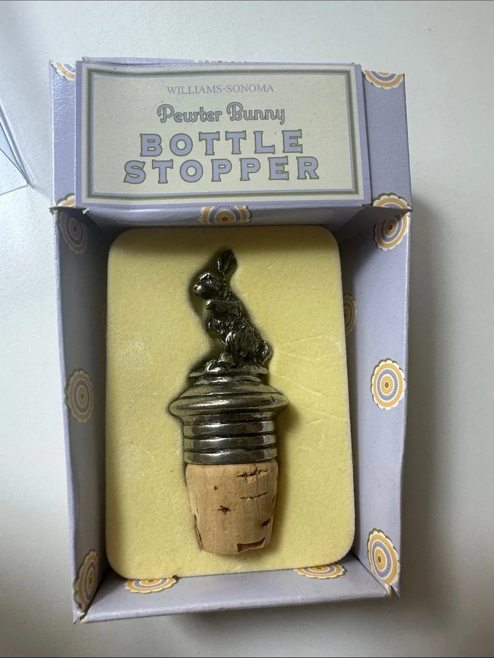 Vintage new Williams-Sonoma Silver Pewter Bunny Bottle Stopper with Natural Cork